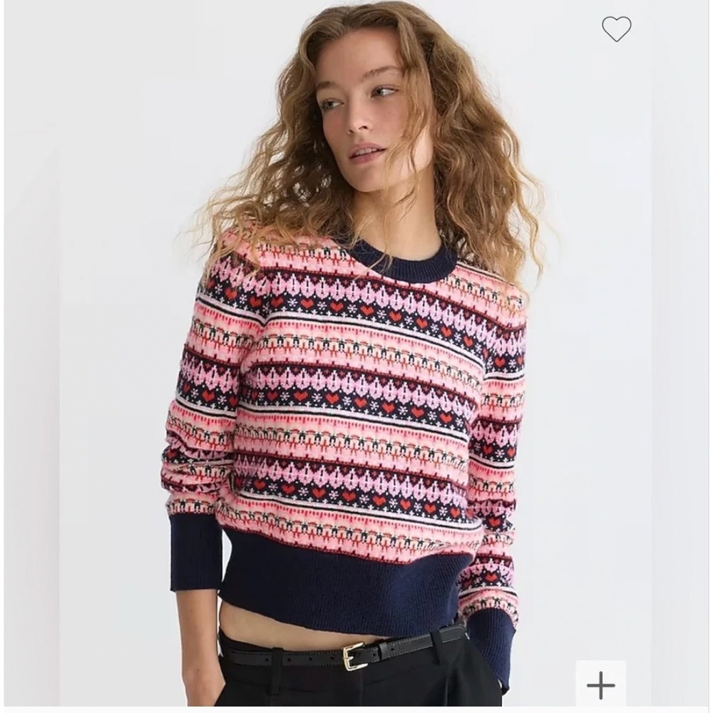J.Crew Shrunken Fair Isle Crewneck Sweater Navy Pink Heart Lambswool BV391 XS
